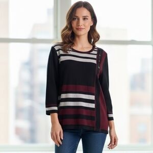 Alia Petite Graphic Color-block Top - Black, Burgundy & Grey, Size L